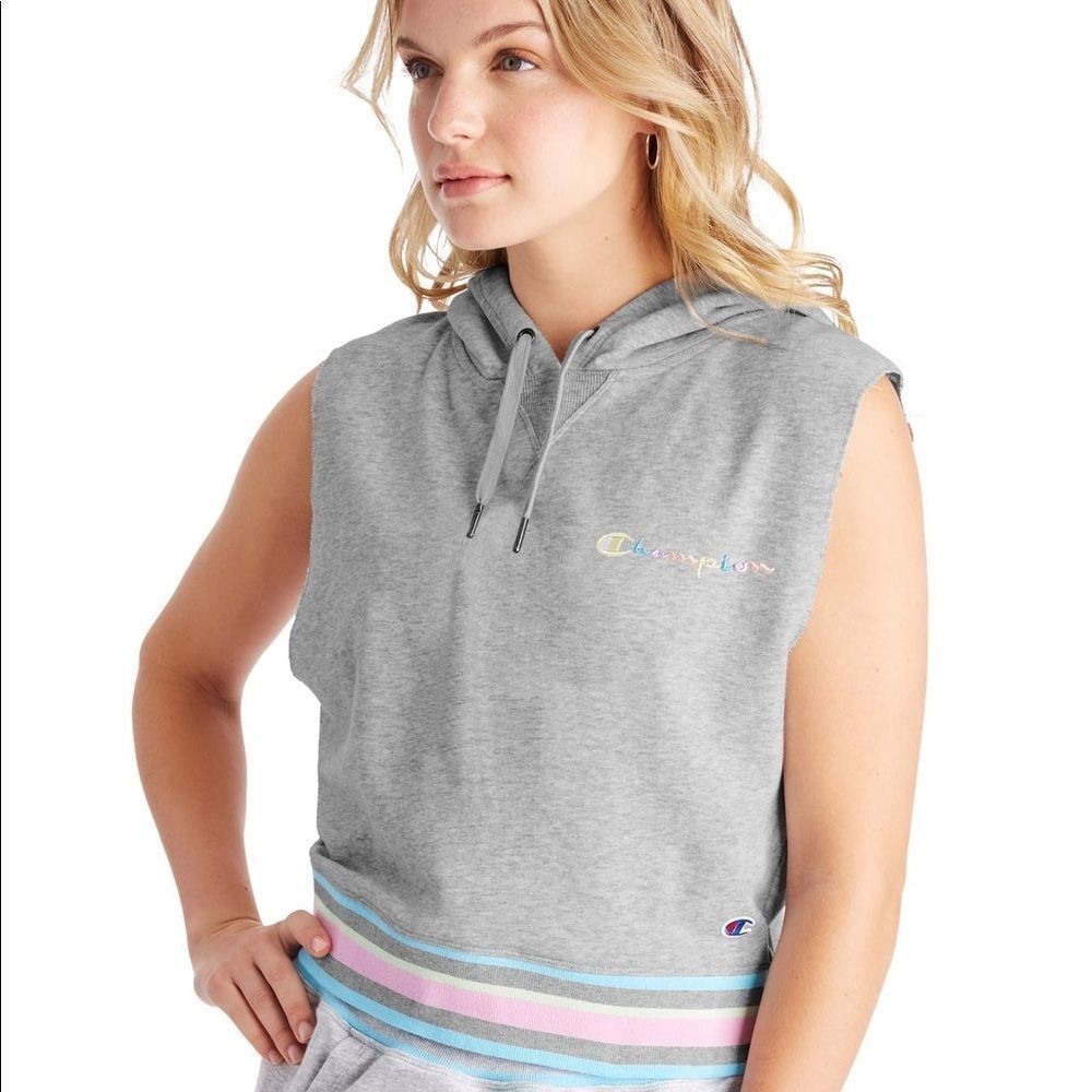 Champion Campus Grey French Terry Lined Sleeveless Hooded Cropped Vest Sz L NEW
